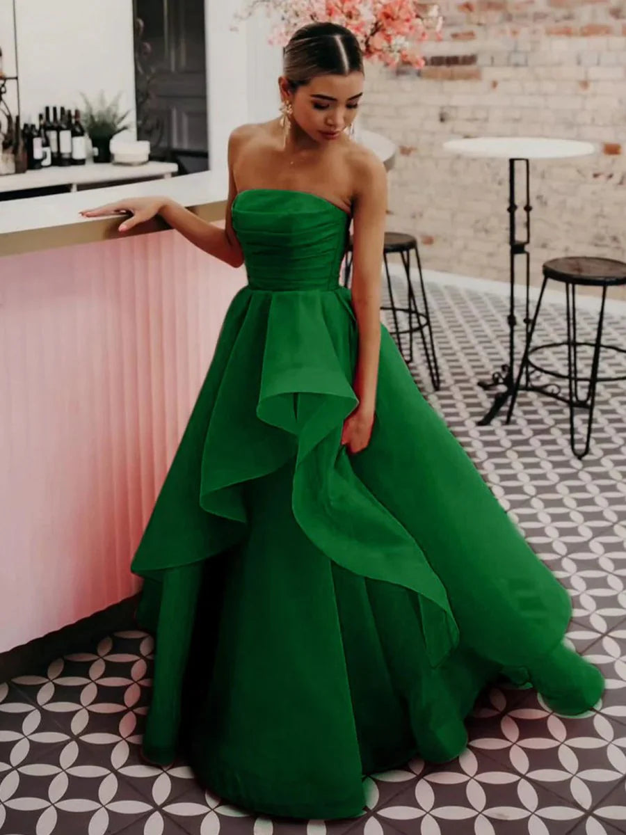 A Line Strapless Organza Fuchsia Floor Length Prom Dress For Women