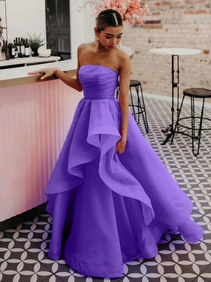 A Line Strapless Organza Fuchsia Floor Length Prom Dress For Women