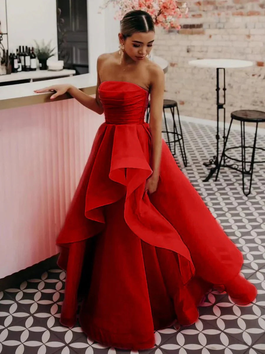 A Line Strapless Organza Fuchsia Floor Length Prom Dress For Women