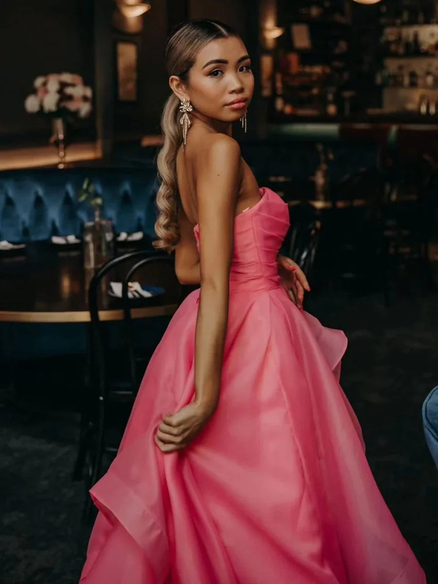 A Line Strapless Organza Fuchsia Floor Length Prom Dress For Women