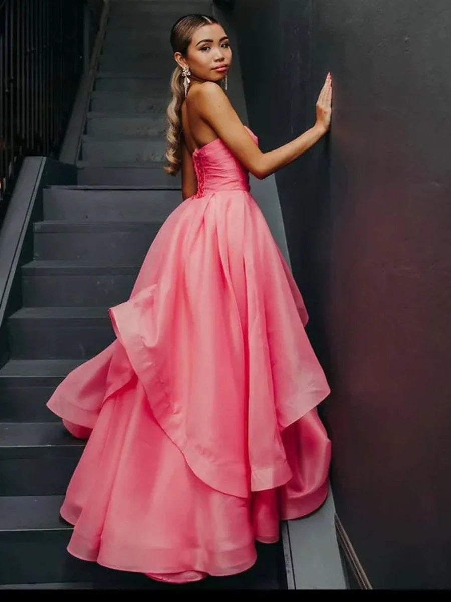 A Line Strapless Organza Fuchsia Floor Length Prom Dress For Women