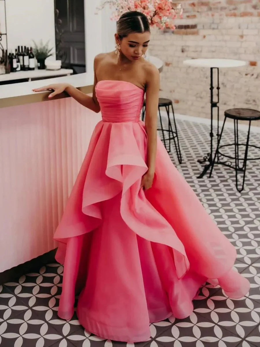A Line Strapless Organza Fuchsia Floor Length Prom Dress For Women