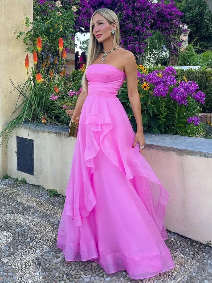 A Line Strapless Organza Fuchsia Floor Length Prom Dress For Women