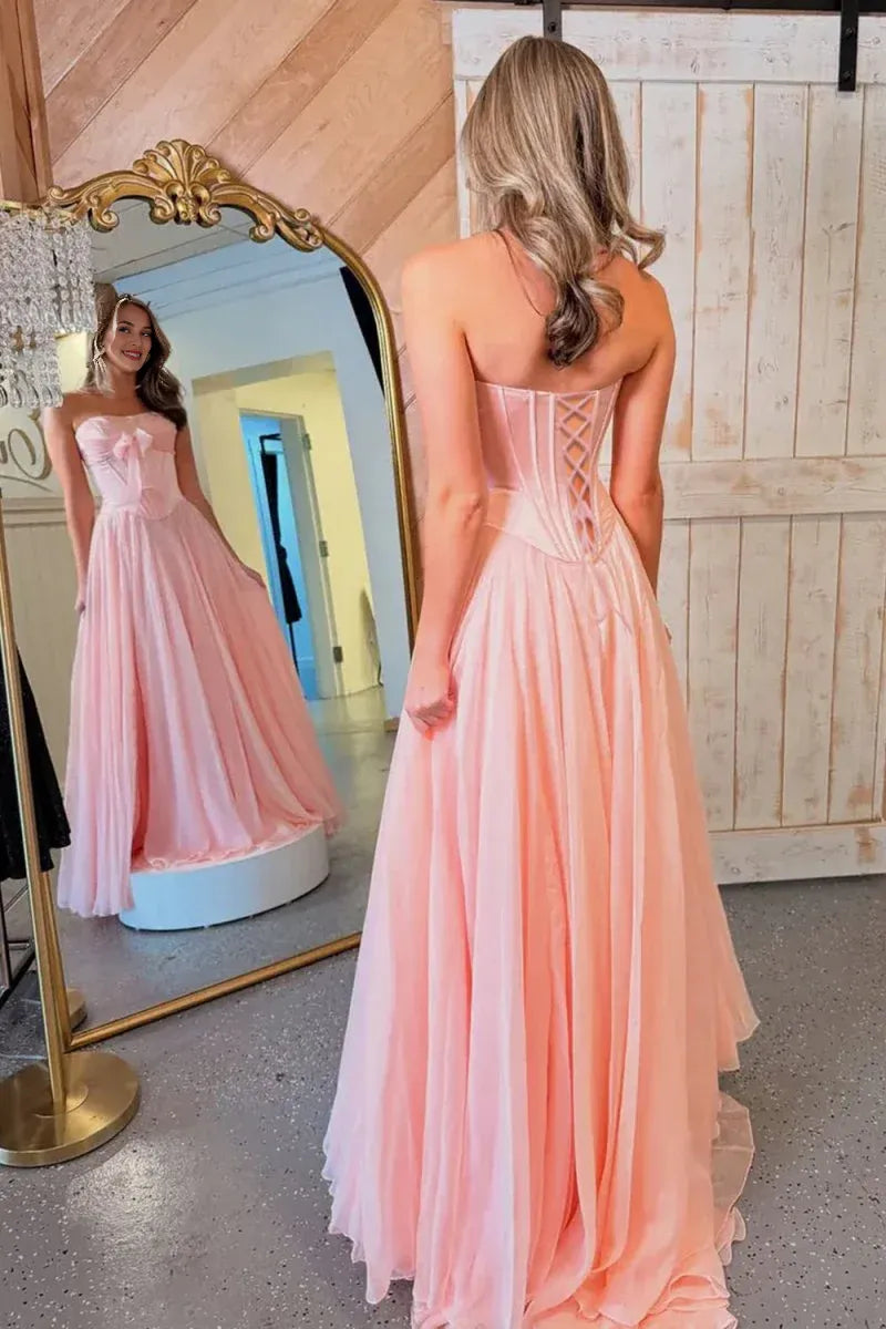 A Line Strapless Pleated Chiffon Pink Long Prom Dress With Tie Bow