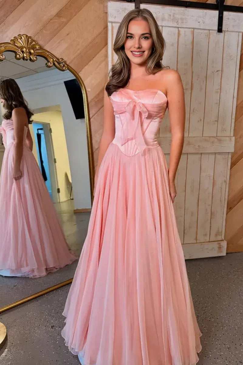 A Line Strapless Pleated Chiffon Pink Long Prom Dress With Tie Bow
