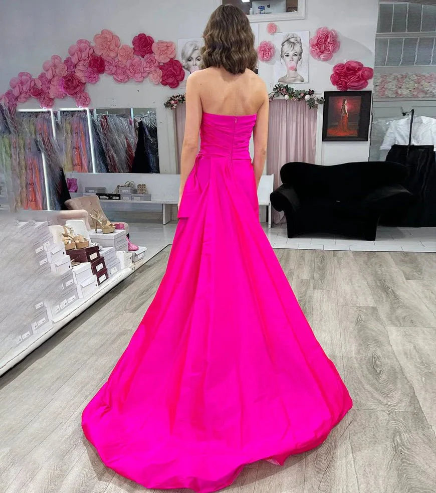 A Line Strapless Pleated Slit Satin Orange Evening Dress With Train