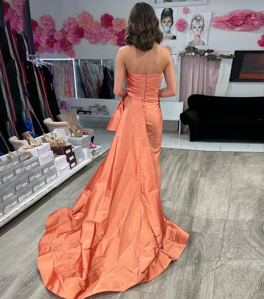 A Line Strapless Pleated Slit Satin Orange Evening Dress With Train