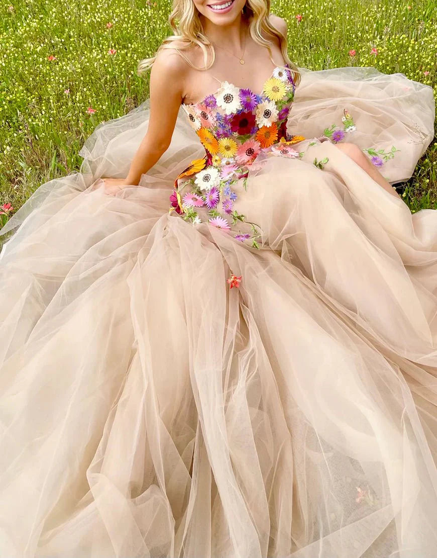 A Line Sweetheart Flower Tulle Champagne Long Prom Dress With Slit