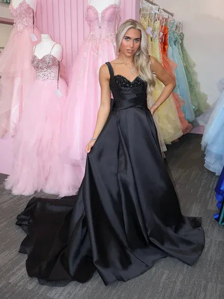A Line Sweetheart Neck Beaded Sequins Satin Black Train Prom Dress