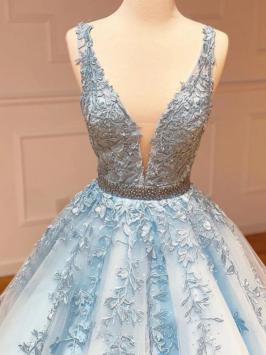 A Line V Neck Lace Applique Beaded Tulle Black Long Prom Dress