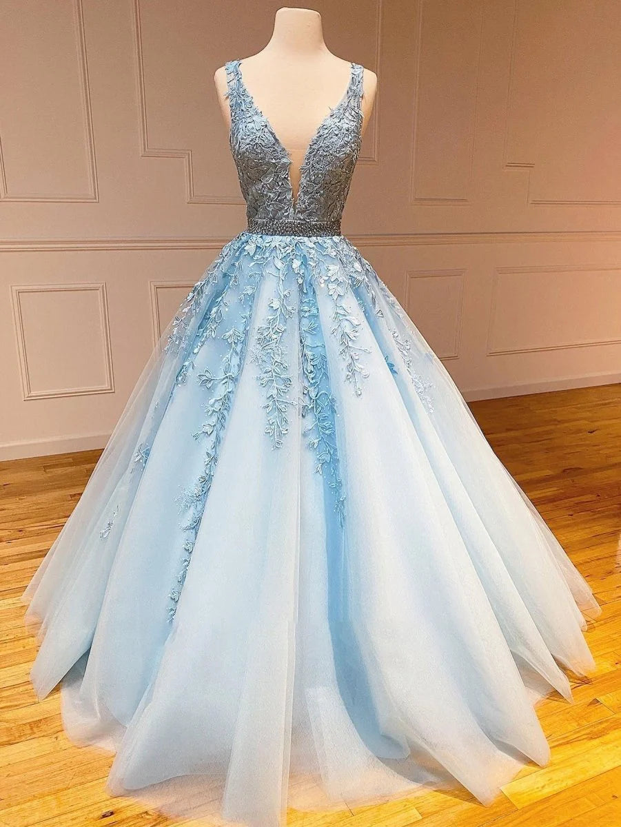 A Line V Neck Lace Applique Beaded Tulle Black Long Prom Dress