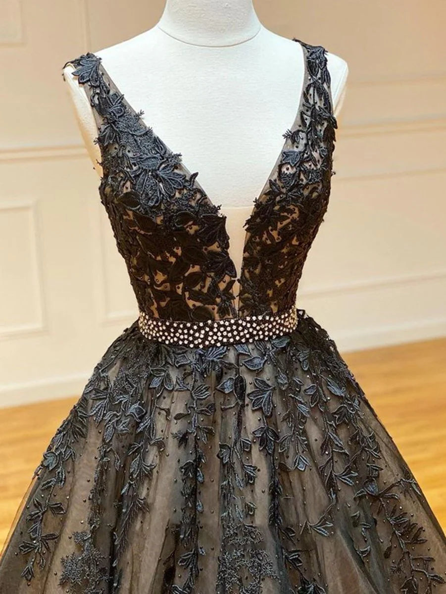 A Line V Neck Lace Applique Beaded Tulle Black Long Prom Dress