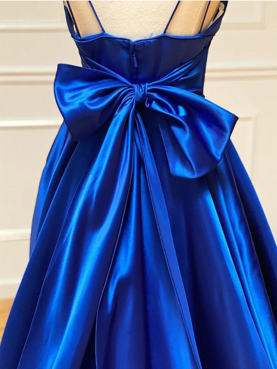 A Line V Neck Pleated Satin Royal Blue Long Evening Dress With Bow Tie