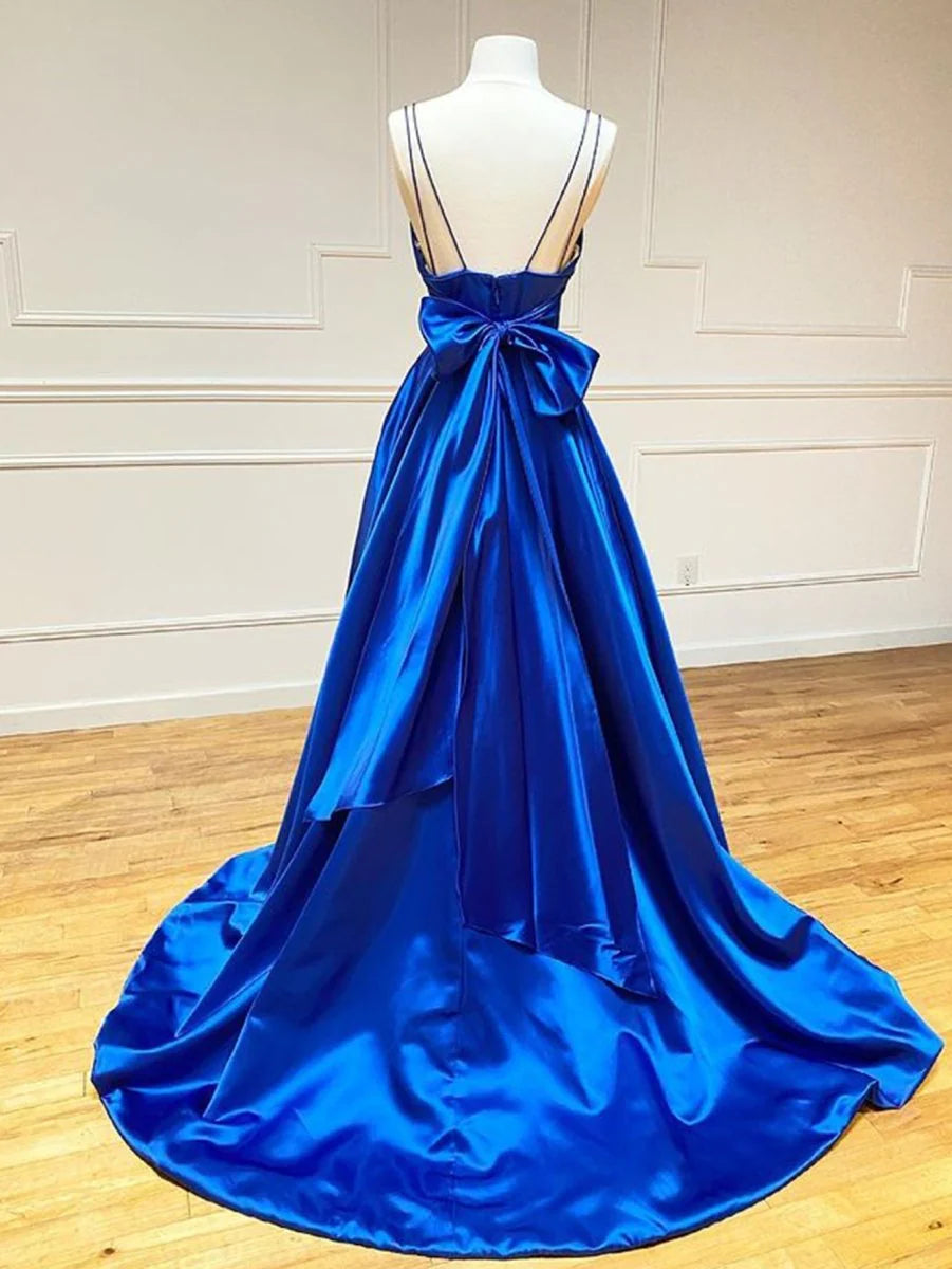 A Line V Neck Pleated Satin Royal Blue Long Evening Dress With Bow Tie