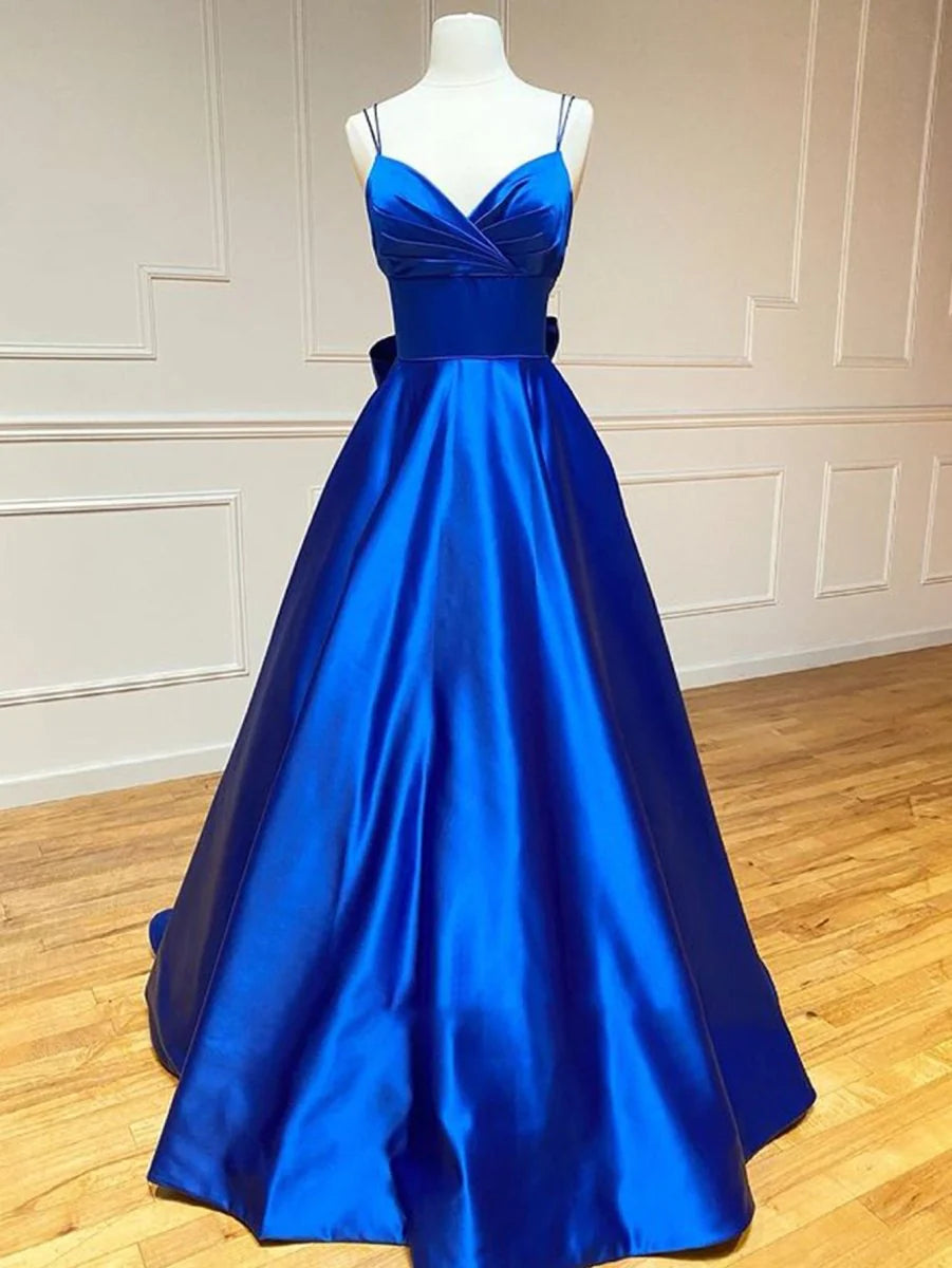 A Line V Neck Pleated Satin Royal Blue Long Evening Dress With Bow Tie