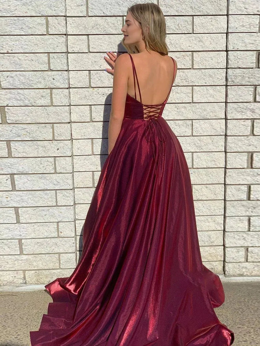 A Line V Neck Slit Satin Burgundy Long Evening Dress With Pockets
