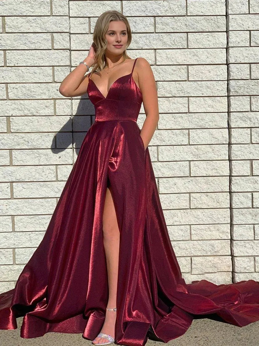 A Line V Neck Slit Satin Burgundy Long Evening Dress With Pockets