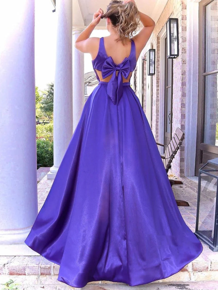 A Line V Neck Tie Bow Satin Purple Long Evening Dress With Pockets