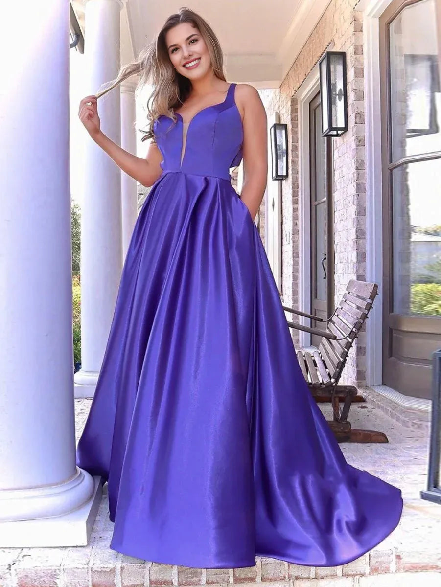 A Line V Neck Tie Bow Satin Purple Long Evening Dress With Pockets