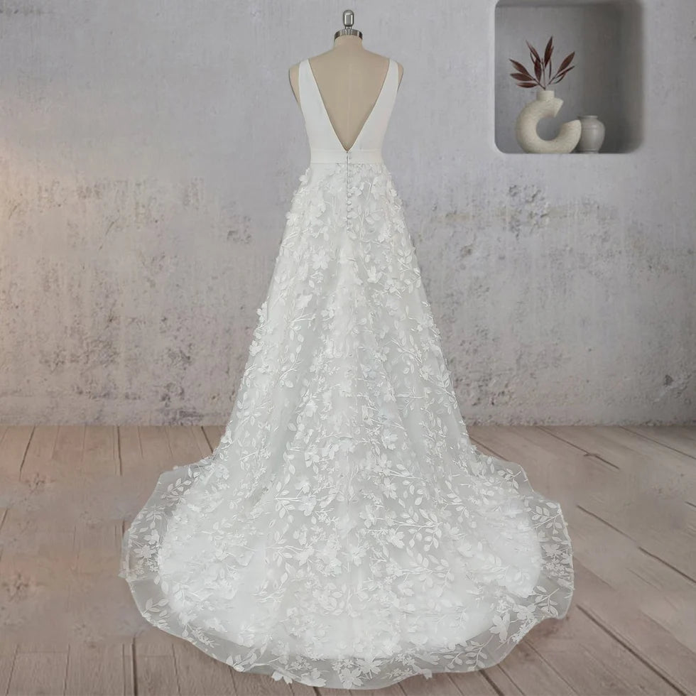 A Line White Tulle Lace V Neck Sleeveless Flowers Sweep Train Wedding Dresses With Beaded