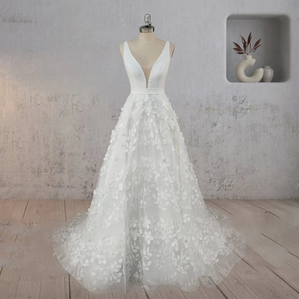 A Line White Tulle Lace V Neck Sleeveless Flowers Sweep Train Wedding Dresses With Beaded