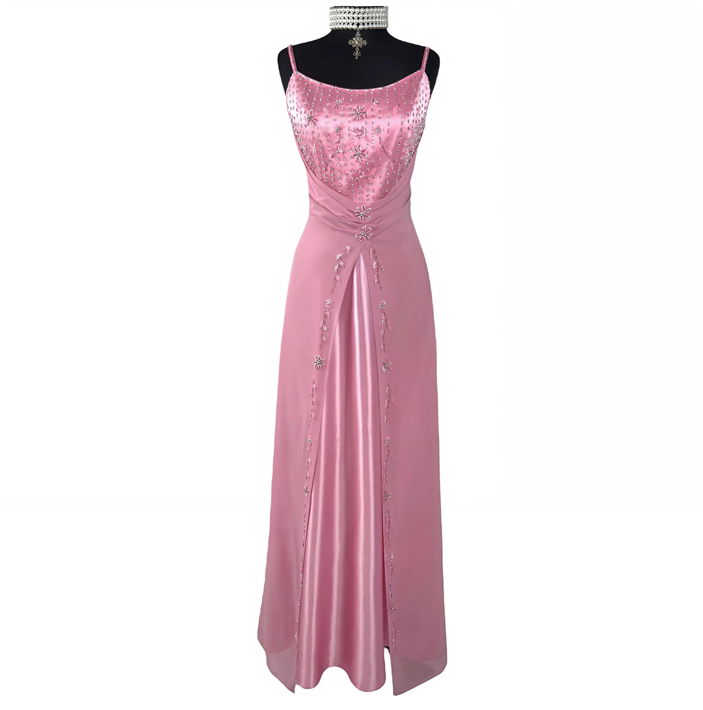 A Line Spaghetti Strap Beaded Satin Light Pink Floor Length Prom Dress Custom