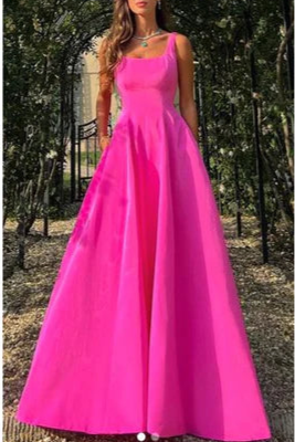 A line Hot Pink Satin Square Neck Long Prom Dresses Affordable Satin Party Dresses Birthday Outfits