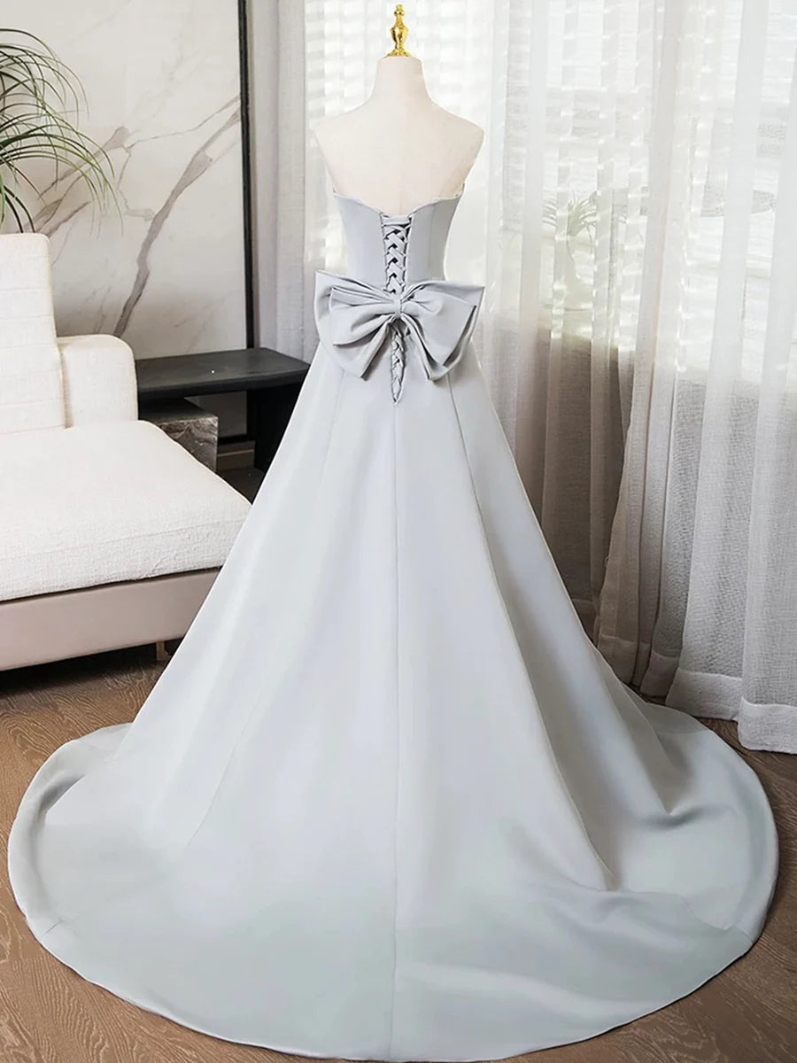 Affordable A-Line Gray Satin Strapless Pleated Sweep Train Prom Dress Simple Evening Dress With Bow
