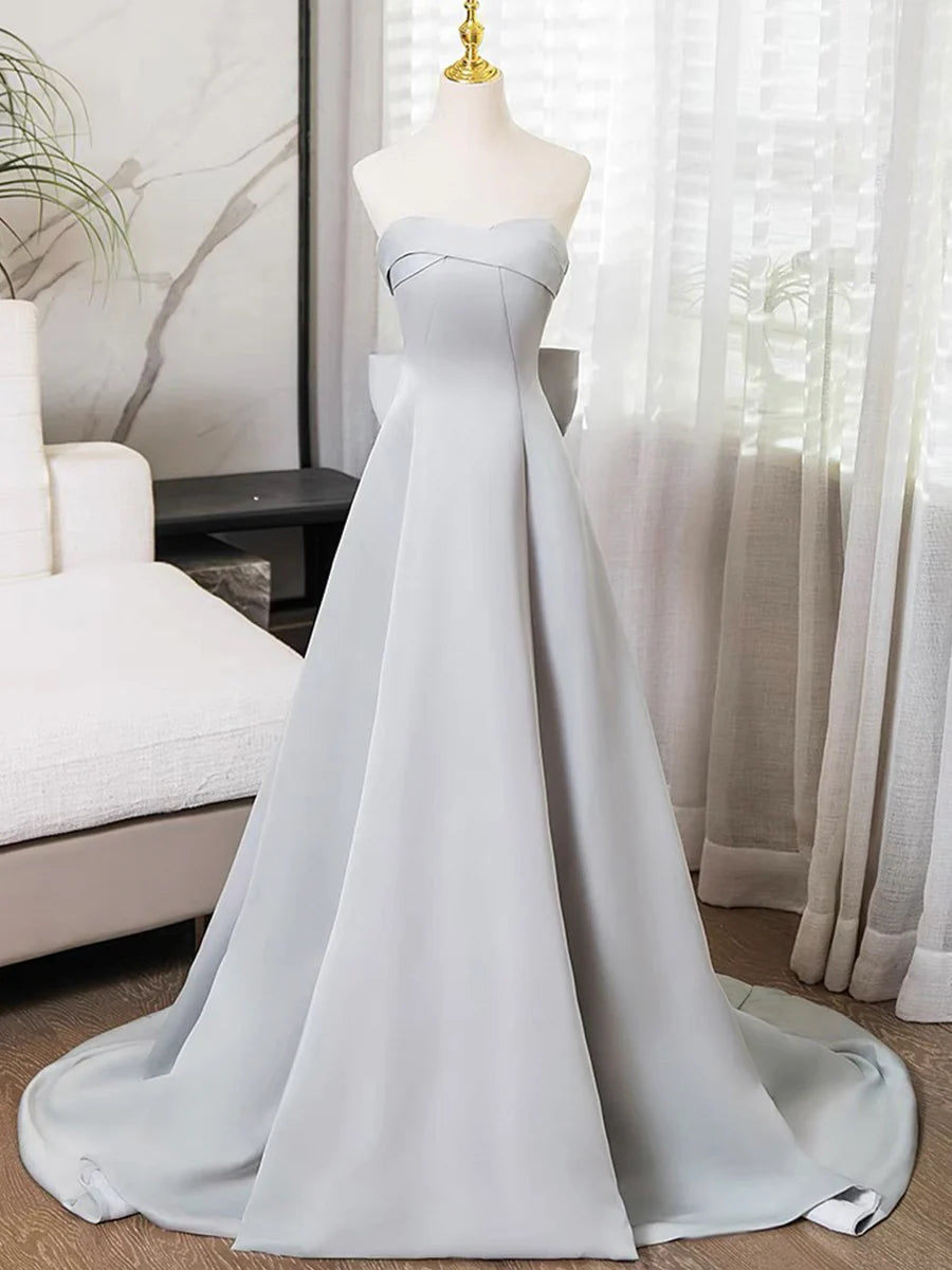 Affordable A-Line Gray Satin Strapless Pleated Sweep Train Prom Dress Simple Evening Dress With Bow