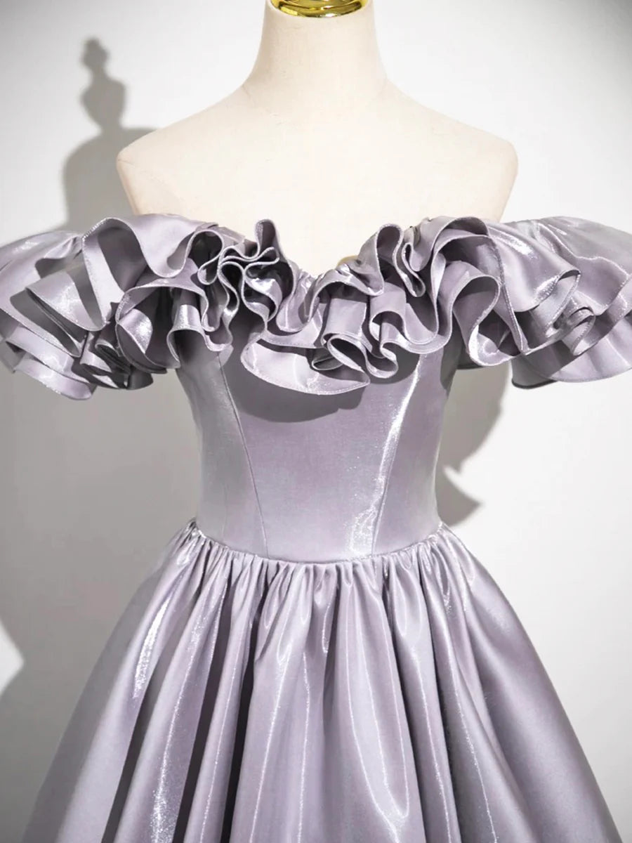 Affordable A-Line Purple Satin Floor Length Prom Dress Off the Shoulder Long Evening Party Dress