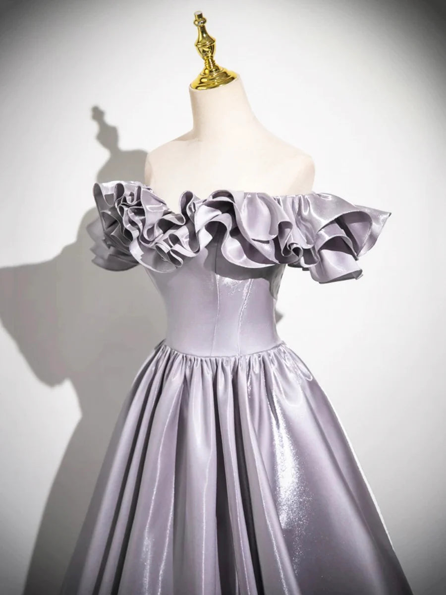 Affordable A-Line Purple Satin Floor Length Prom Dress Off the Shoulder Long Evening Party Dress