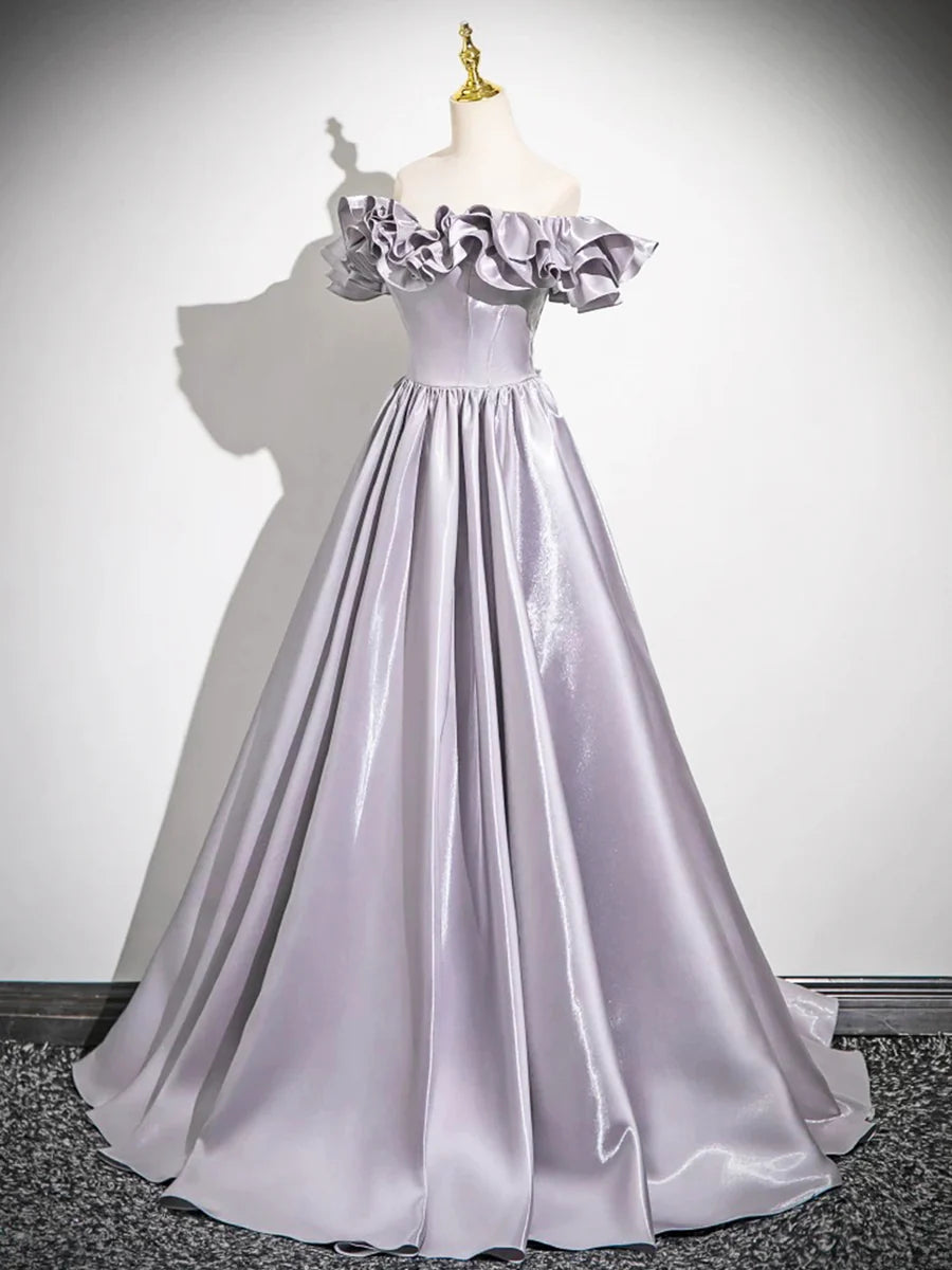 Affordable A-Line Purple Satin Floor Length Prom Dress Off the Shoulder Long Evening Party Dress