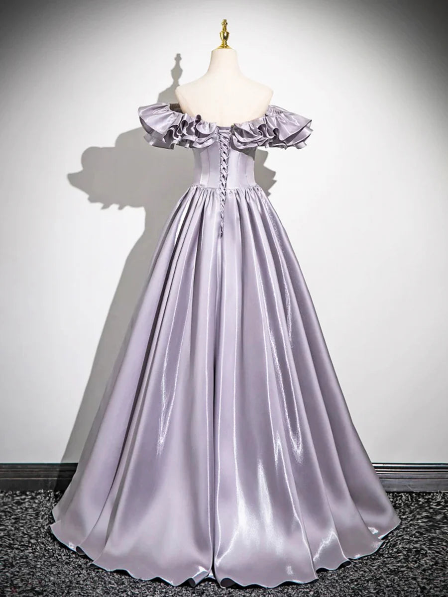 Affordable A-Line Purple Satin Floor Length Prom Dress Off the Shoulder Long Evening Party Dress