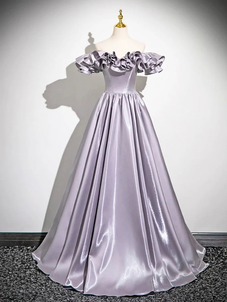 Affordable A-Line Purple Satin Floor Length Prom Dress Off the Shoulder Long Evening Party Dress