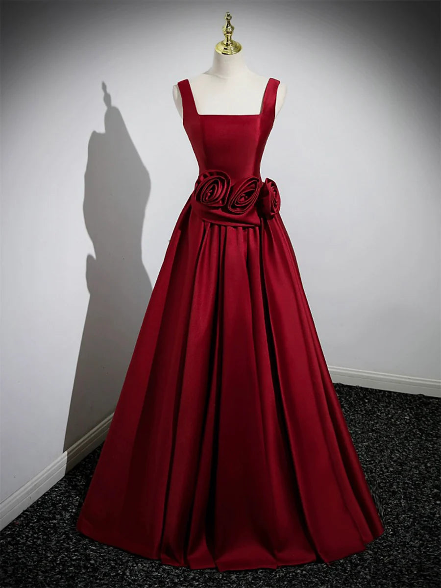 Affordable Burgundy Satin 3D Flowers Square Neck Long Prom Dress Elegant A-Line Party Dress