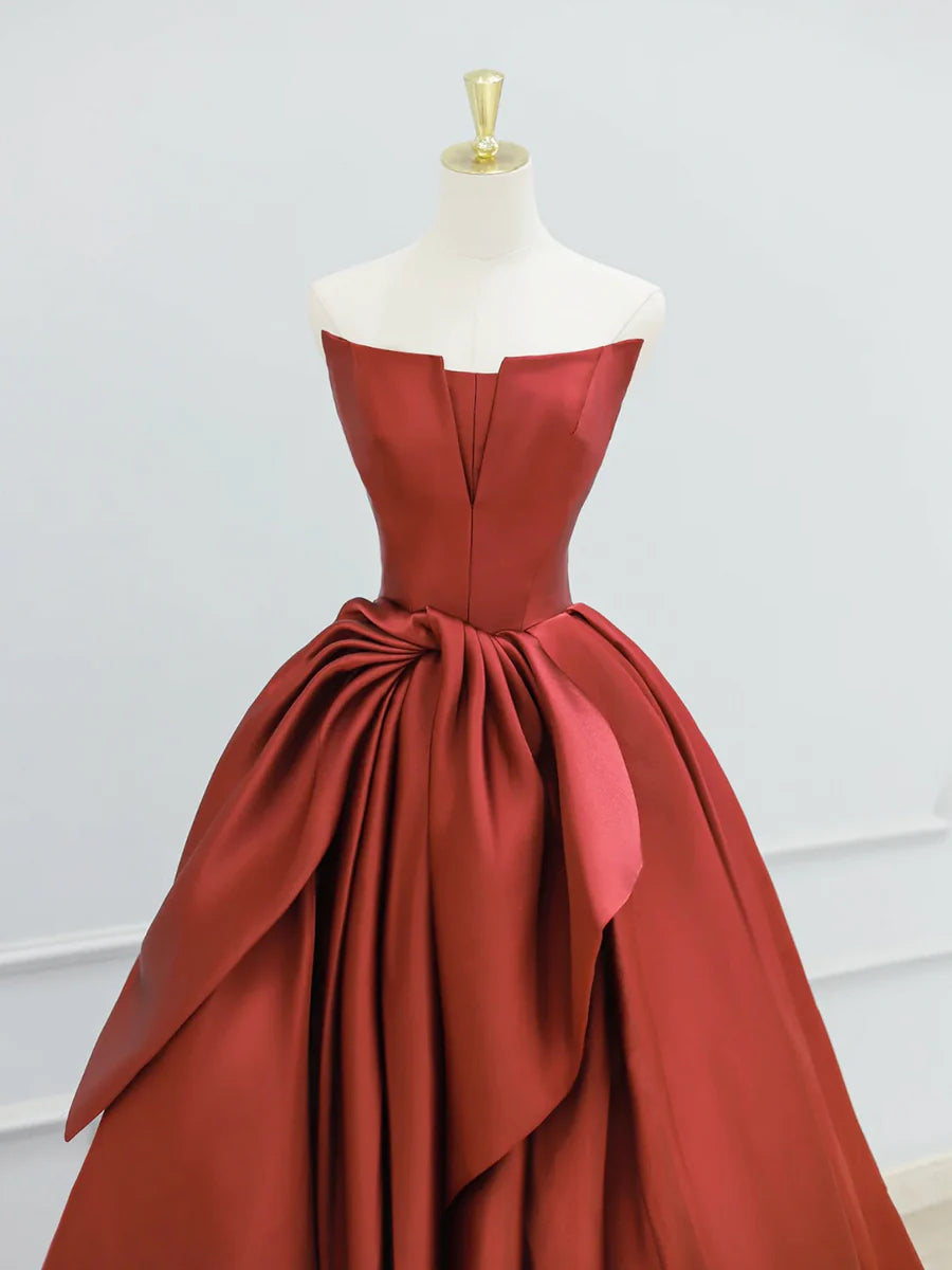 Affordable Burgundy Satin Strapless Pleated Bow Long Prom Dress Beautiful A-Line Evening Party Dress