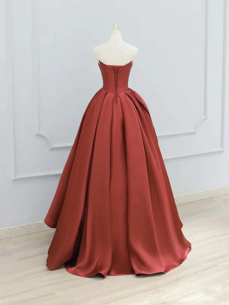 Affordable Burgundy Satin Strapless Pleated Bow Long Prom Dress Beautiful A-Line Evening Party Dress