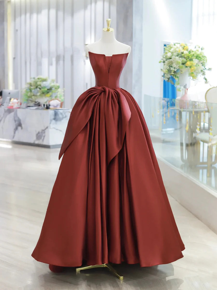 Affordable Burgundy Satin Strapless Pleated Bow Long Prom Dress Beautiful A-Line Evening Party Dress