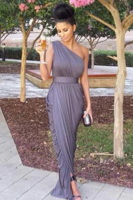 Affordable Chiffon Pleated One Shoulder Long Bridesmaid Dresses Simple Ruffle Prom Dress