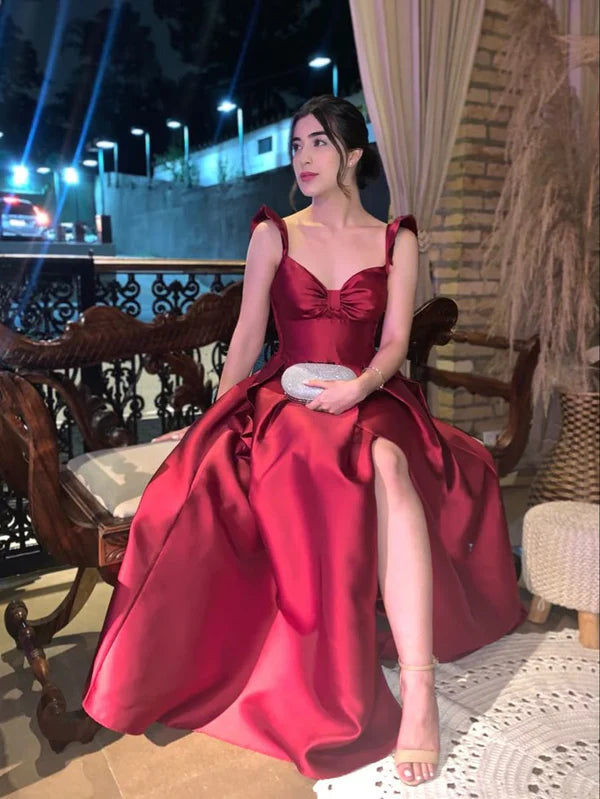 Affordable Elegant Burgundy Satin Straps Sleeveless Slit A line Long Prom Dresses Party Dress