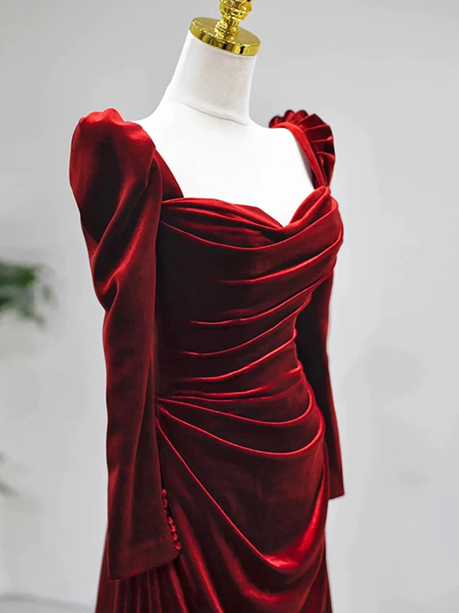 Affordable Elegant Burgundy Velvet Pleated Floor Length Prom Dress Long Sleeve Evening Party Dress