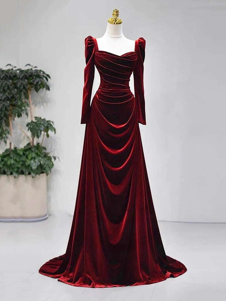 Affordable Elegant Burgundy Velvet Pleated Floor Length Prom Dress Long Sleeve Evening Party Dress