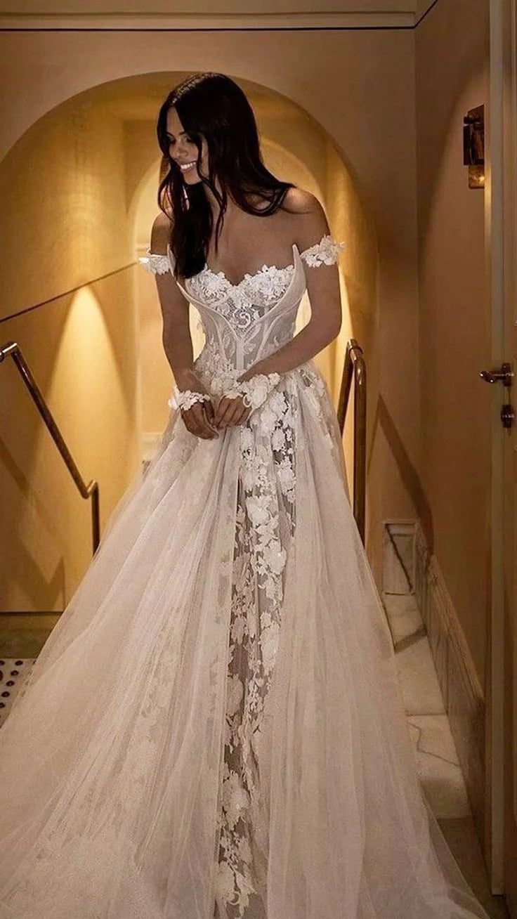 Affordable Lace Tulle Sweetheart Off-The-Shoulder Applique Long Sleeve Wedding Dress