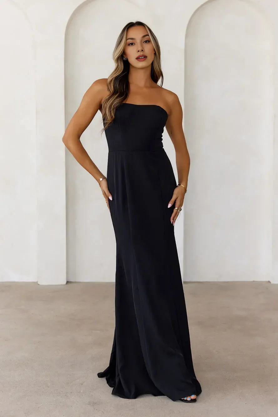 Affordable Mermaid Strapless Black Floor Length Evening Dress For Ladies