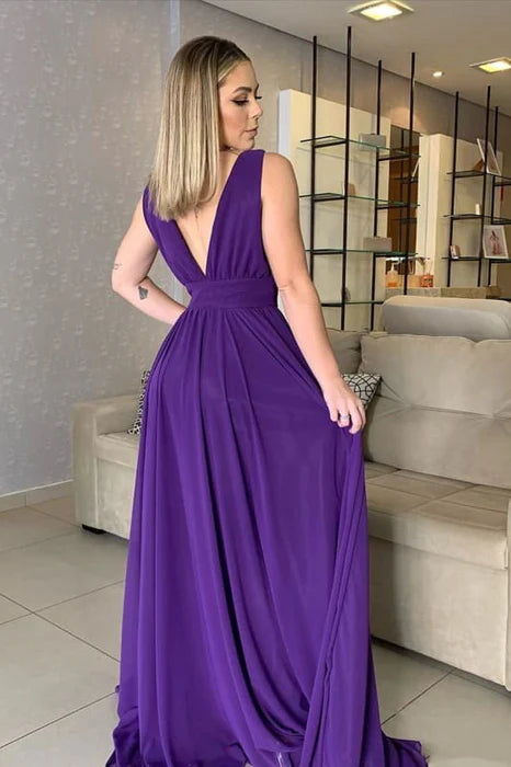 Affordable Purple Chiffon V Neck and V Back Long Prom Dresses Floor Length Bridesmaid Dresses