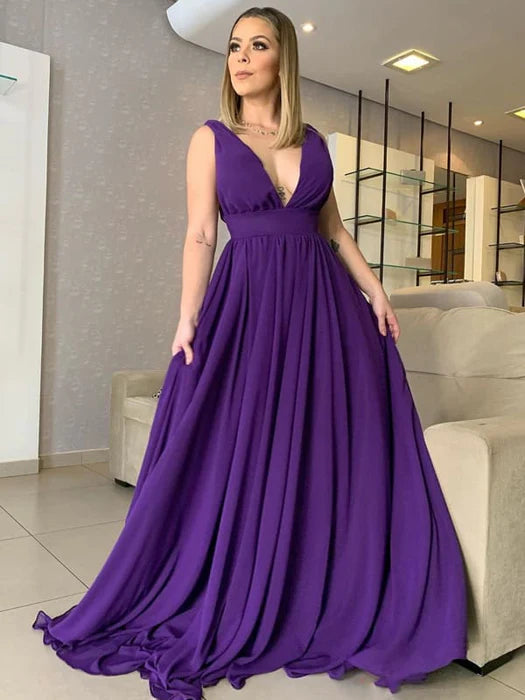 Affordable Purple Chiffon V Neck and V Back Long Prom Dresses Floor Length Bridesmaid Dresses