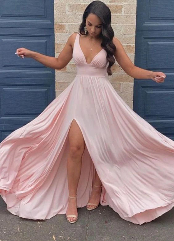 Affordable Sexy Pink High Waist Long Ball Gown Floor Length Bridesmaid Dresses With Side Slits