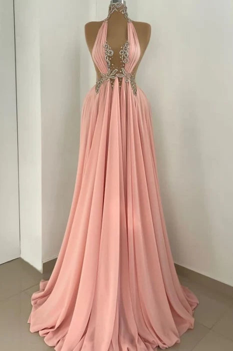 Affordable Sexy Satin Beaded Halter Empire Pleated A-Line Long Prom Dress With Rhinestones