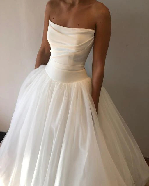 Affordable Simple A line Strapless Pleated Long Wedding Dress Beautiful Bride Dress For Women