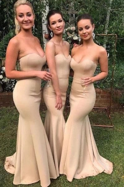 Affordable Simple Mermaid Sweetheart Collar Strapless Bridesmaid Dresses Long Prom Dresses